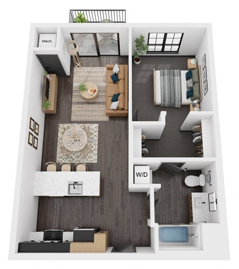 Floor plan for 1 bed, 1 bath, 771 sqft
